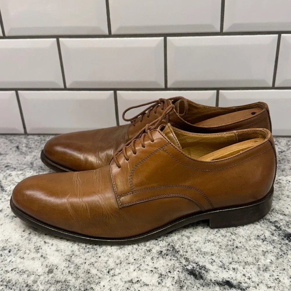 Cuoio Mens 42 Derby Shoes Tan Leather Plain Toe Made in Italy Business‎ Classic